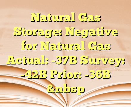 Natural Gas Storage: Negative for Natural Gas
 
Actual: -37B
Survey: -42B
Prior: -36B
&nbsp